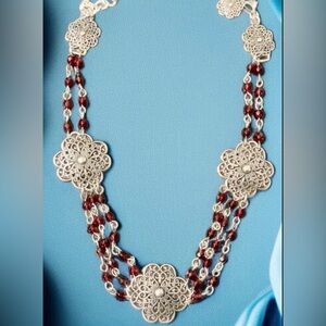 Brighton Silver and Red Floral Medallion Necklace, NWOT. Dust bag included
